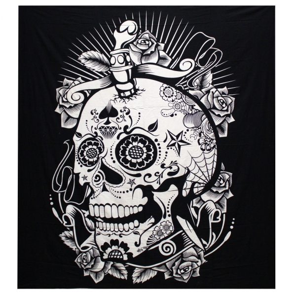 Indisches Baumwoll-Wandtuch, Tagesdecke, Rosen-Totenkopf