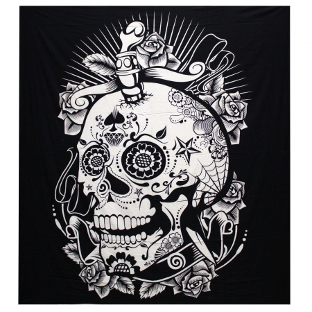 Indisches Baumwoll-Wandtuch, Tagesdecke, Rosen-Totenkopf